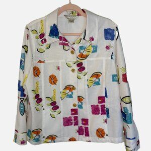Allison Daley Petite 16P White Linen Blend Blazer Jacket Colorful Abstract Print